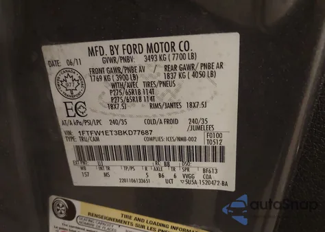 2011 Ford F-150 Xlt z USA, uszkodzony, nr VIN 1FTFW1ET3BKD77687